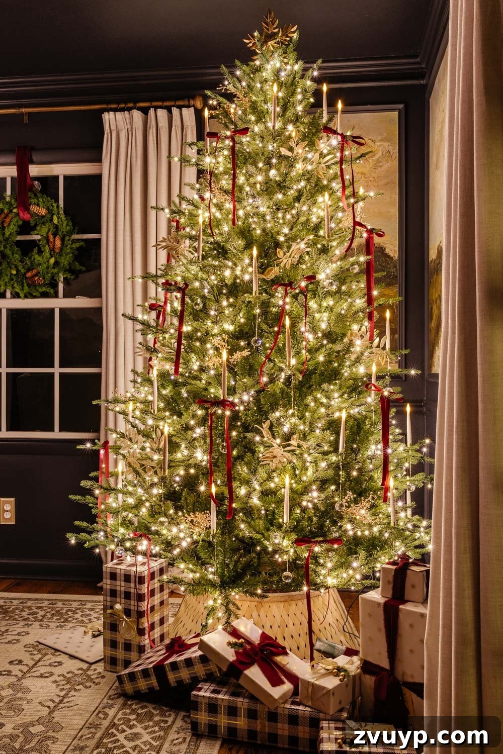 Flickering Lights Virtual Christmas Home Experience 2024 13 dining room Christmas tree at night in candlelight