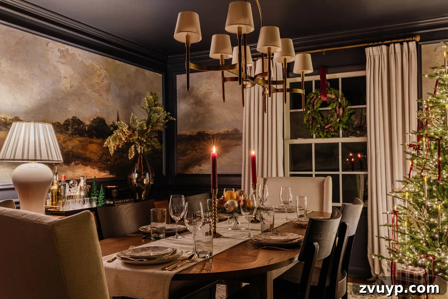 Flickering Lights Virtual Christmas Home Experience 2024 14 candlelight Christmas dining room table with centerpiece