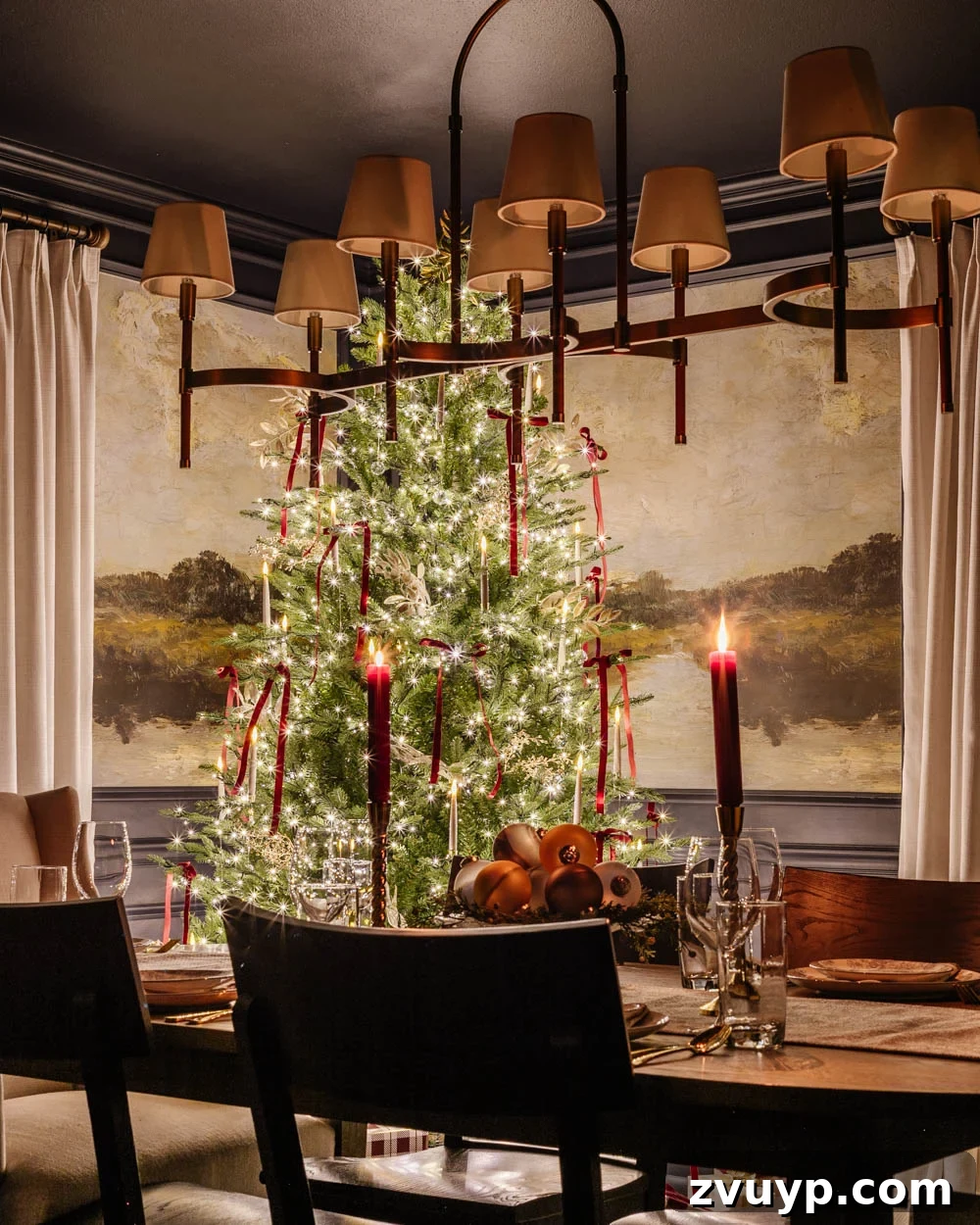 Flickering Lights Virtual Christmas Home Experience 2024 17 candlelight Christmas dining room table with centerpiece and tree