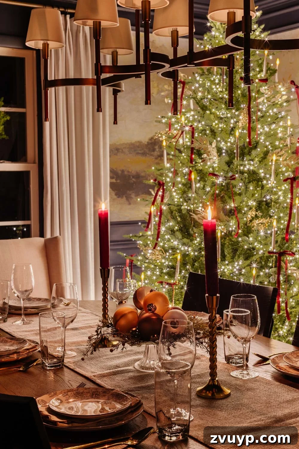 Flickering Lights Virtual Christmas Home Experience 2024 18 candlelight Christmas dining room table with centerpiece
