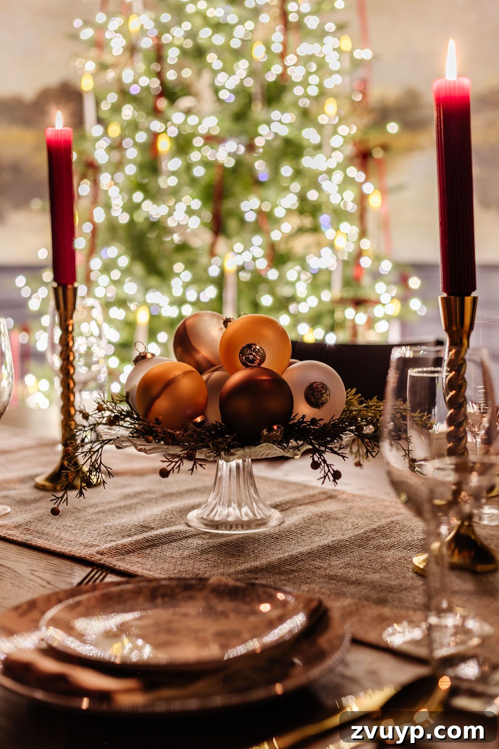 Flickering Lights Virtual Christmas Home Experience 2024 19 candlelight Christmas dining room table with centerpiece