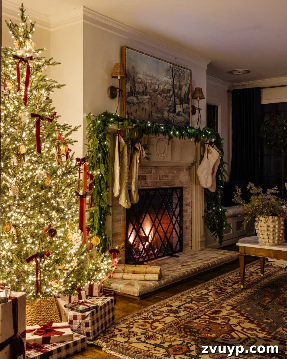 Flickering Lights Virtual Christmas Home Experience 2024 21 candlelight Christmas tour in living room with tree and traditional fireplace