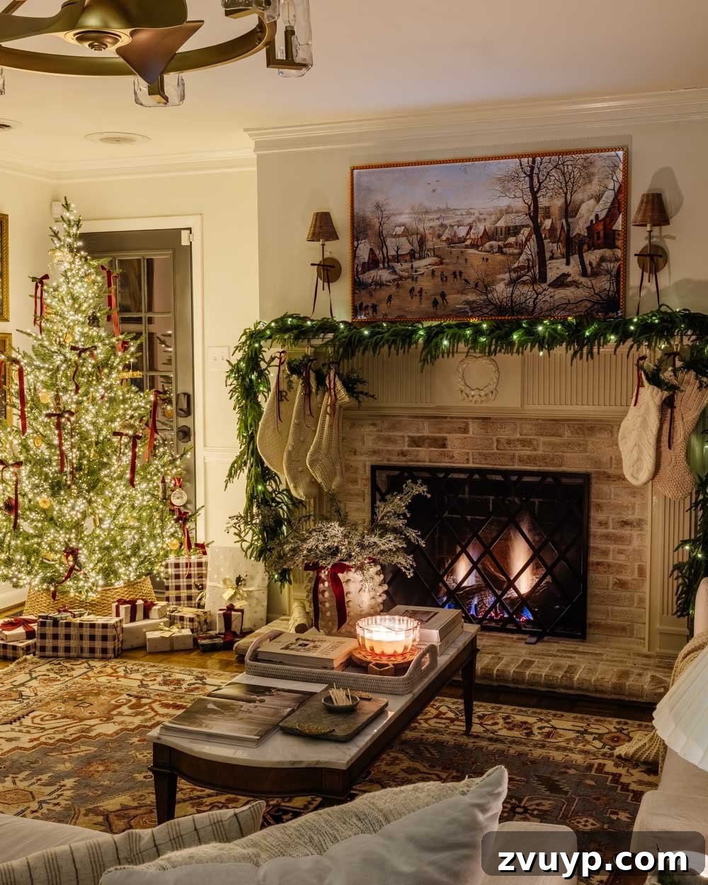 Flickering Lights Virtual Christmas Home Experience 2024 22 candlelight Christmas tour in living room with tree and traditional fireplace