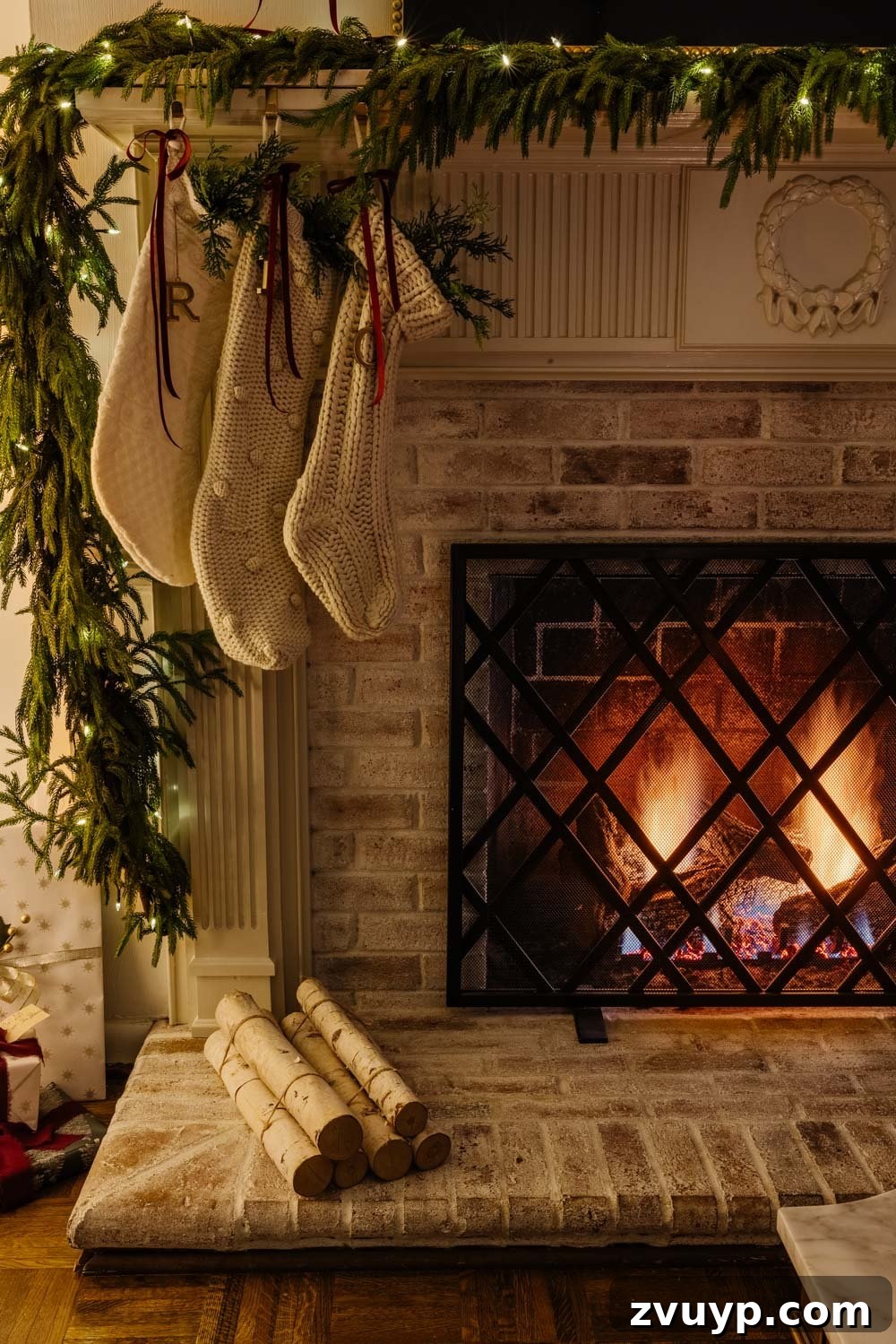 Flickering Lights Virtual Christmas Home Experience 2024 25 candlelight Christmas tour in living room with tree and traditional fireplace