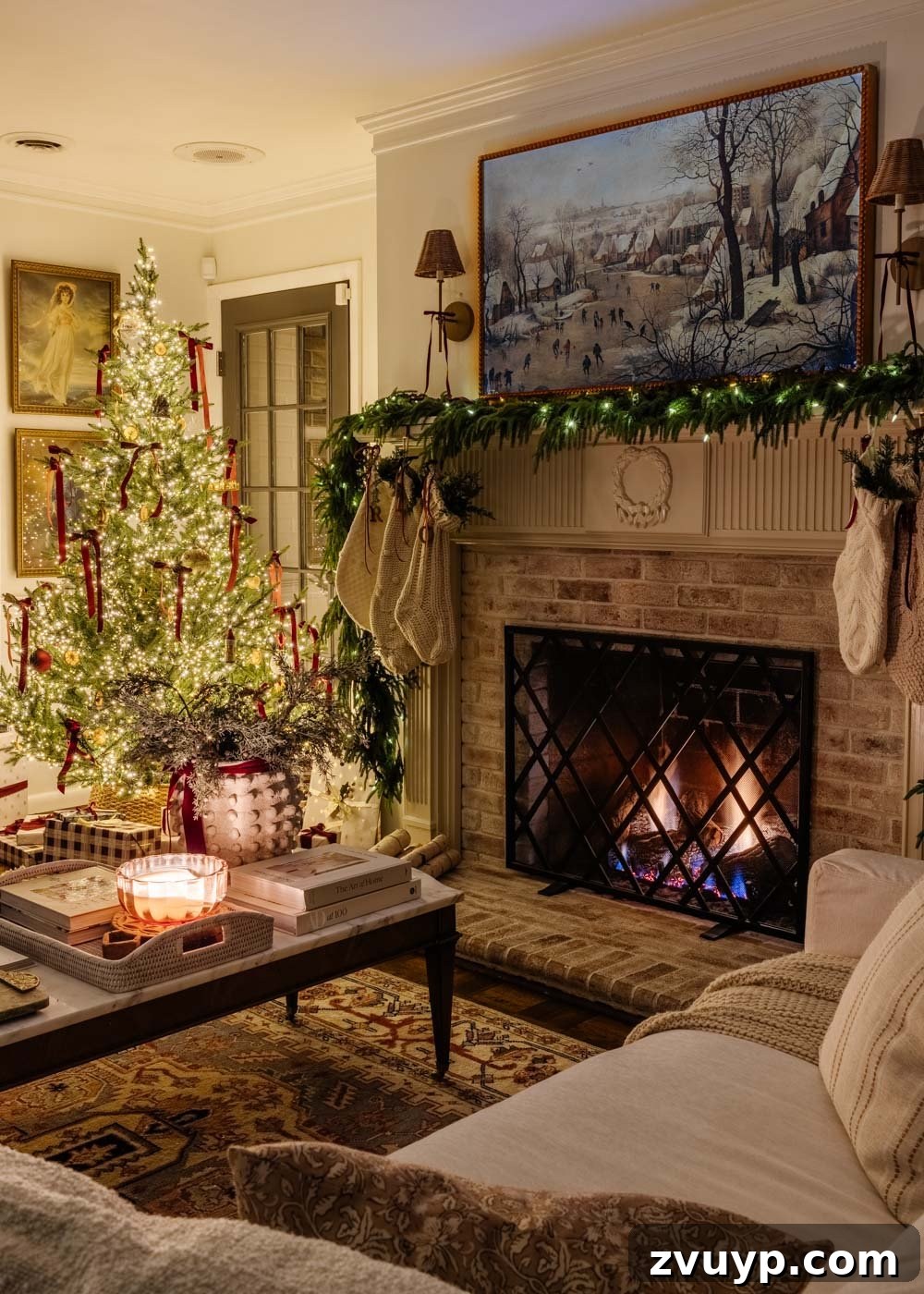 Flickering Lights Virtual Christmas Home Experience 2024 26 candlelight Christmas tour in living room with tree and traditional fireplace
