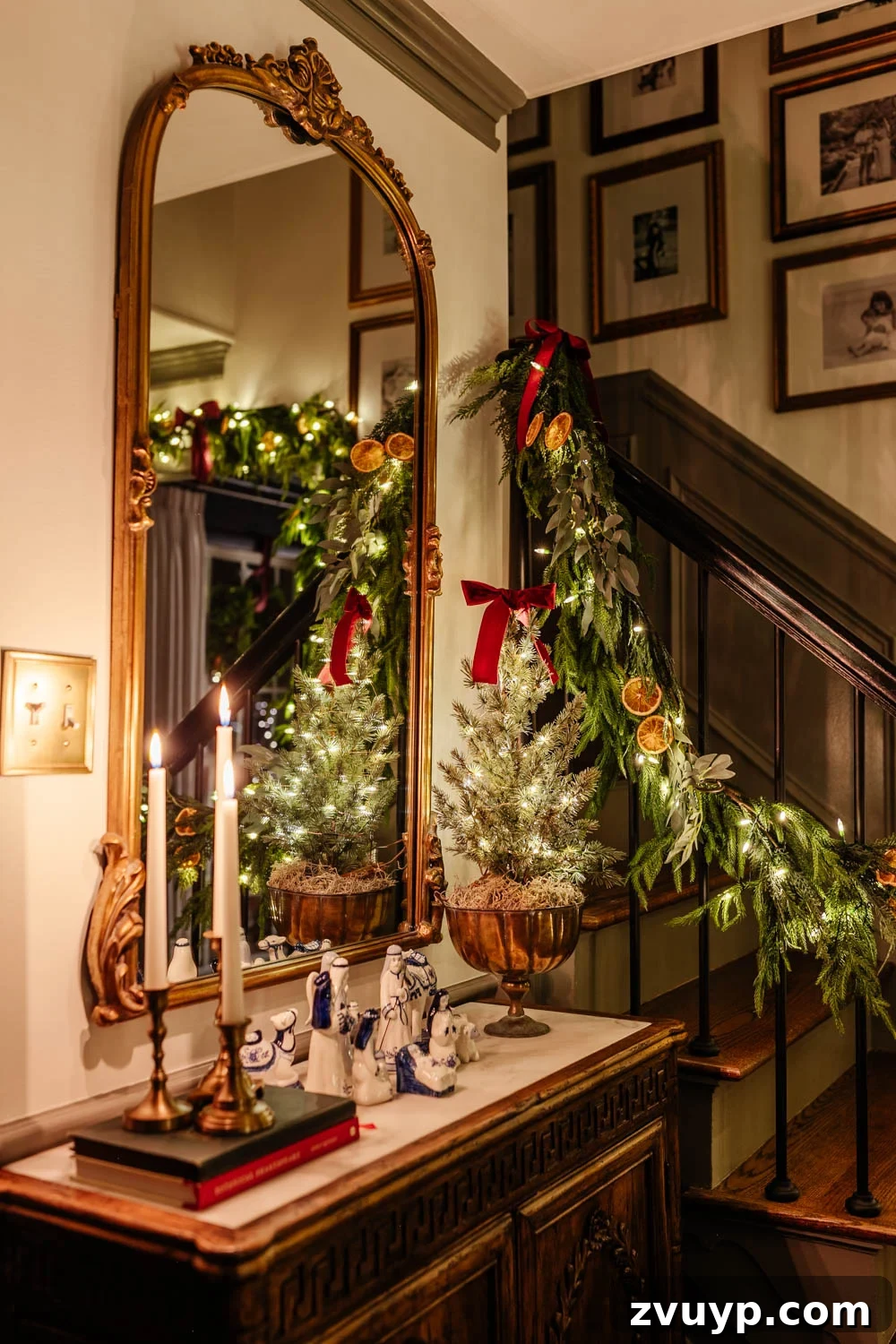 Flickering Lights Virtual Christmas Home Experience 2024 4 traditional candlelight Christmas night tour in entryway with nativity