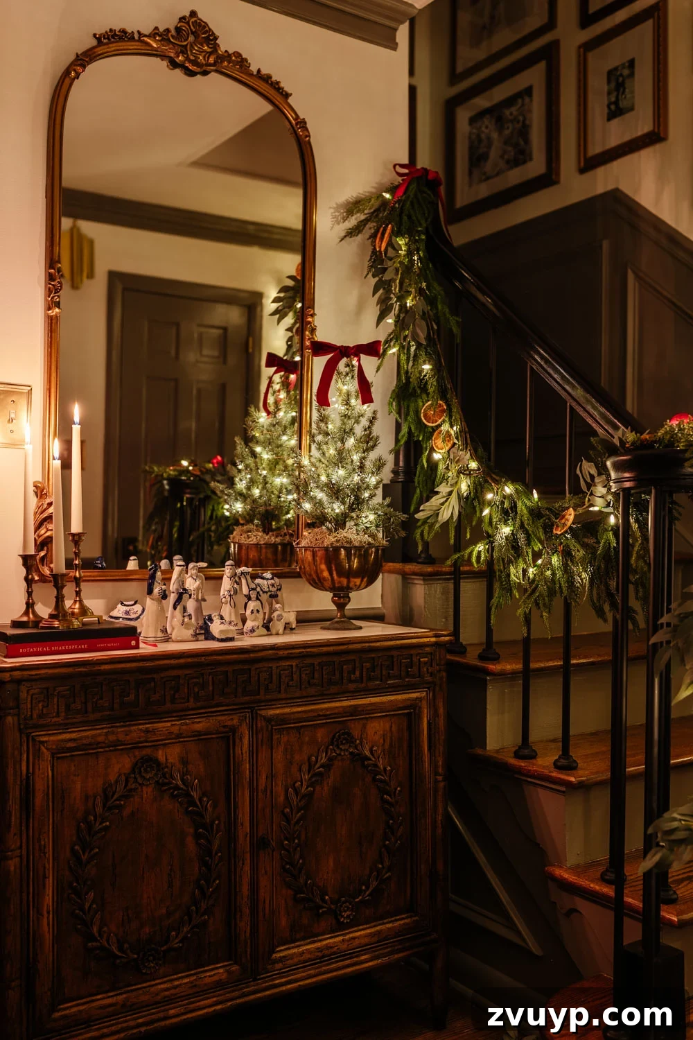 Flickering Lights Virtual Christmas Home Experience 2024 6 traditional candlelight Christmas night tour in entryway with nativity