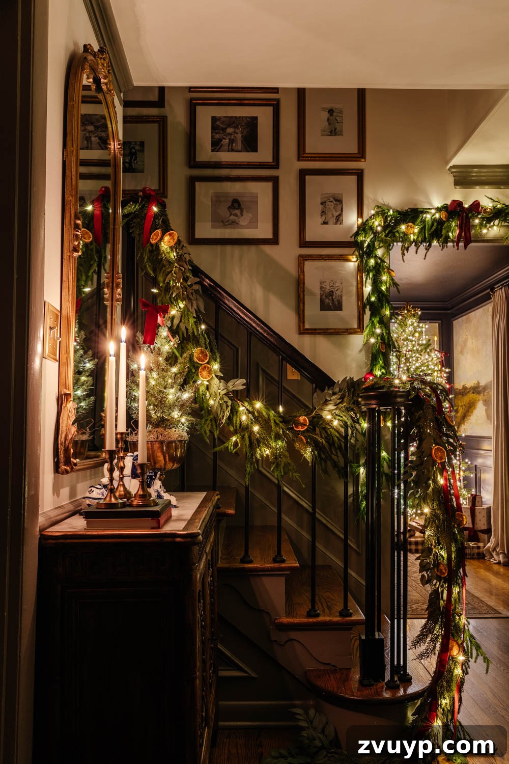 Flickering Lights Virtual Christmas Home Experience 2024 7 traditional candlelight Christmas night tour in entryway with nativity