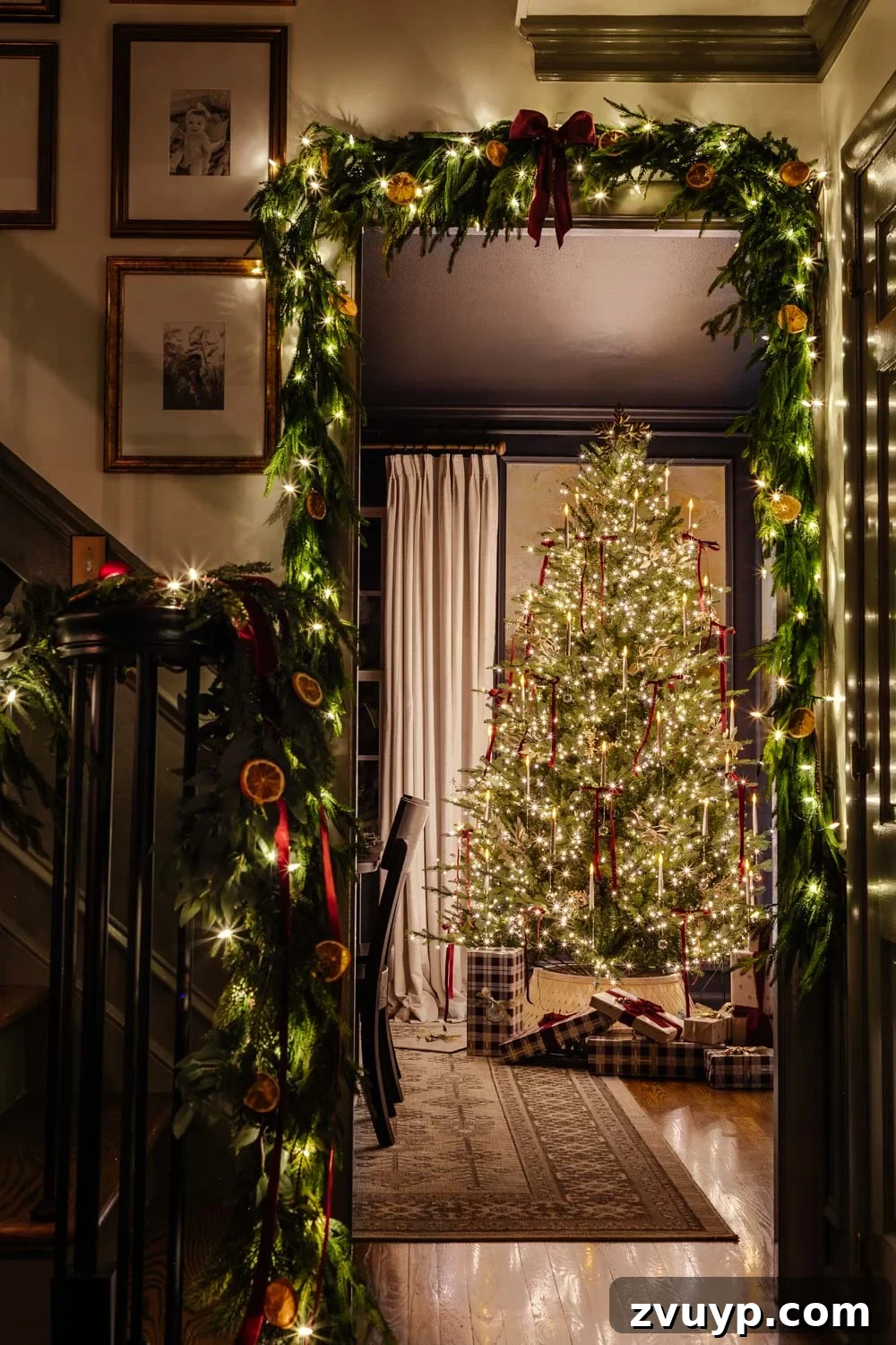 Flickering Lights Virtual Christmas Home Experience 2024 9 candlelight Christmas tour doorway with garland around tree