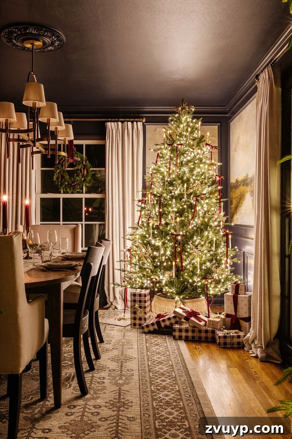 Flickering Lights Virtual Christmas Home Experience 2024 10 dining room Christmas tree at night in candlelight