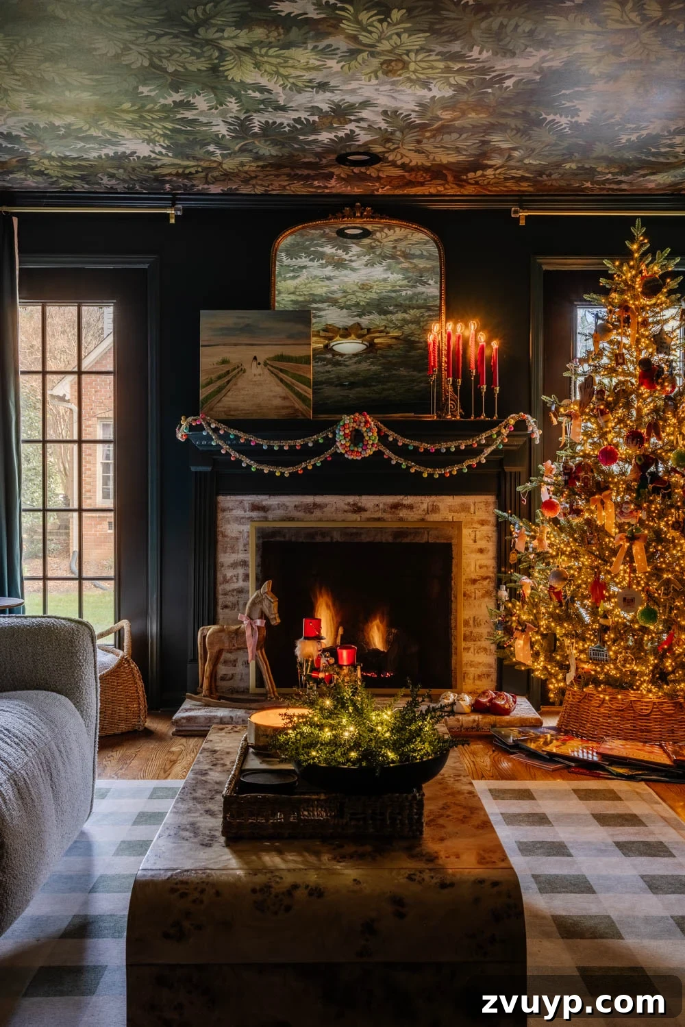 A Modern Colonial Christmas: 2024 Home Inspiration 11 moody traditional Christmas media room / home theater room with family tree