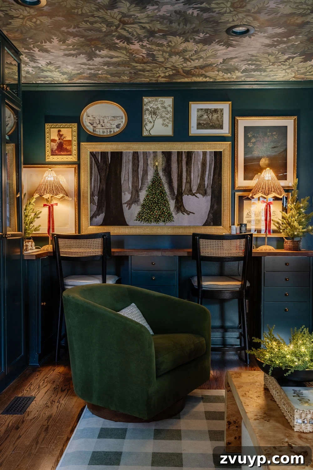 A Modern Colonial Christmas: 2024 Home Inspiration 14 moody traditional Christmas media room / home theater room with warm lighting