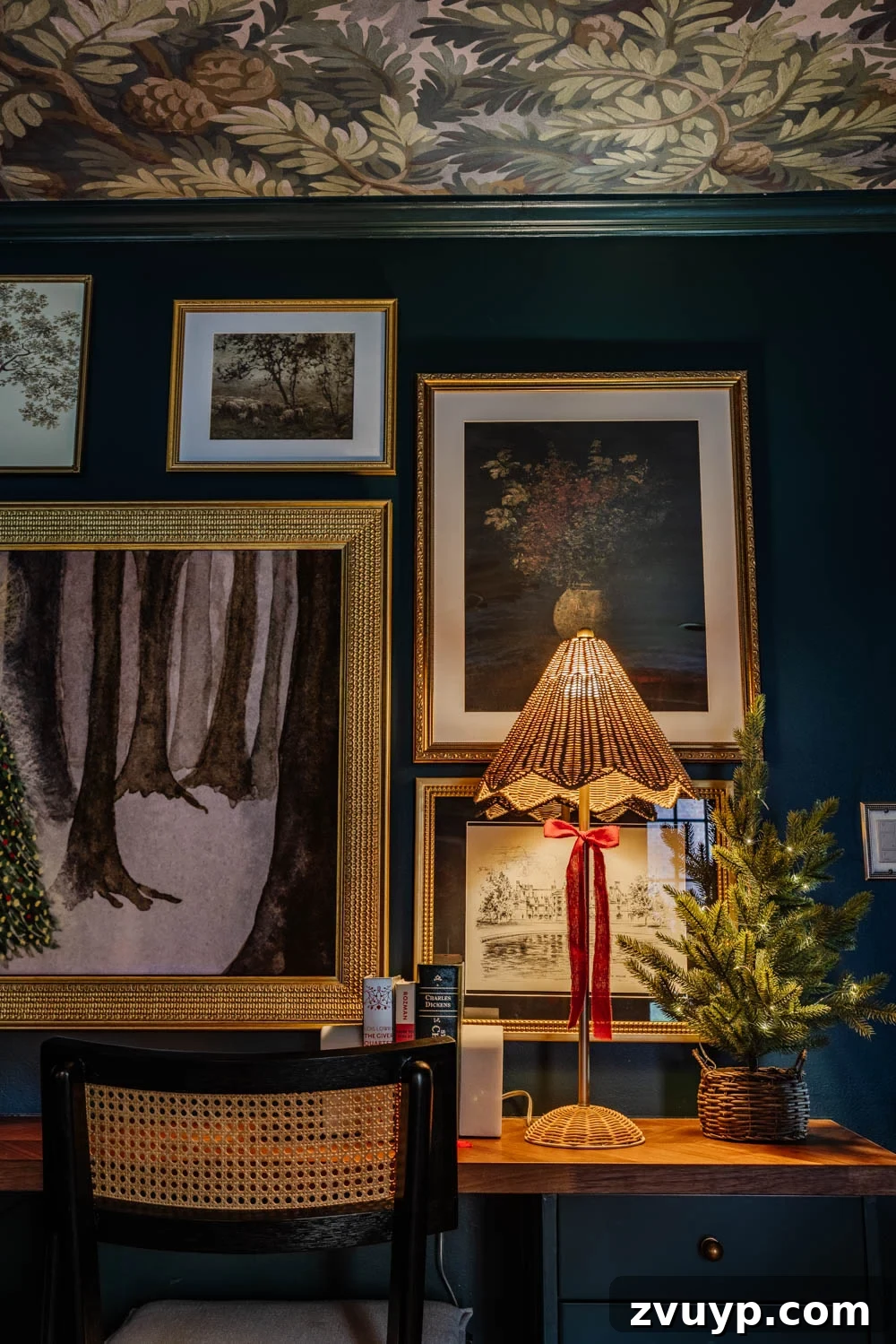 A Modern Colonial Christmas: 2024 Home Inspiration 15 lamp on a media room desk decorated for Christmas with festive touches