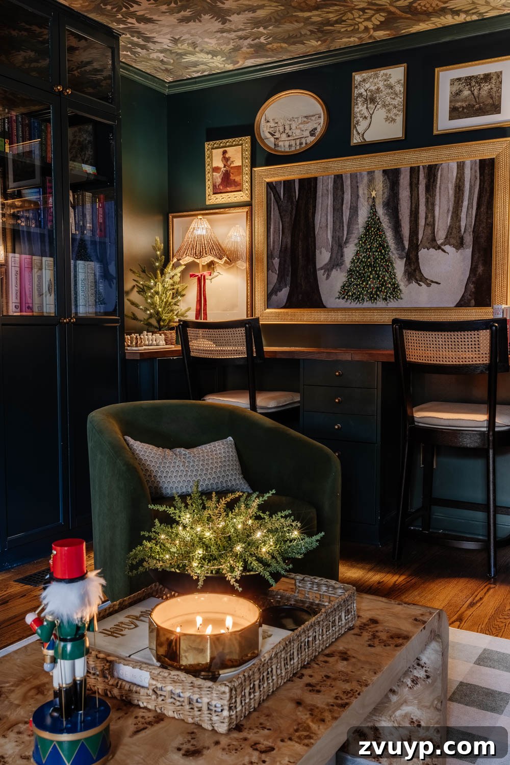 A Modern Colonial Christmas: 2024 Home Inspiration 16 moody traditional Christmas media room / home theater room with decorative shelves