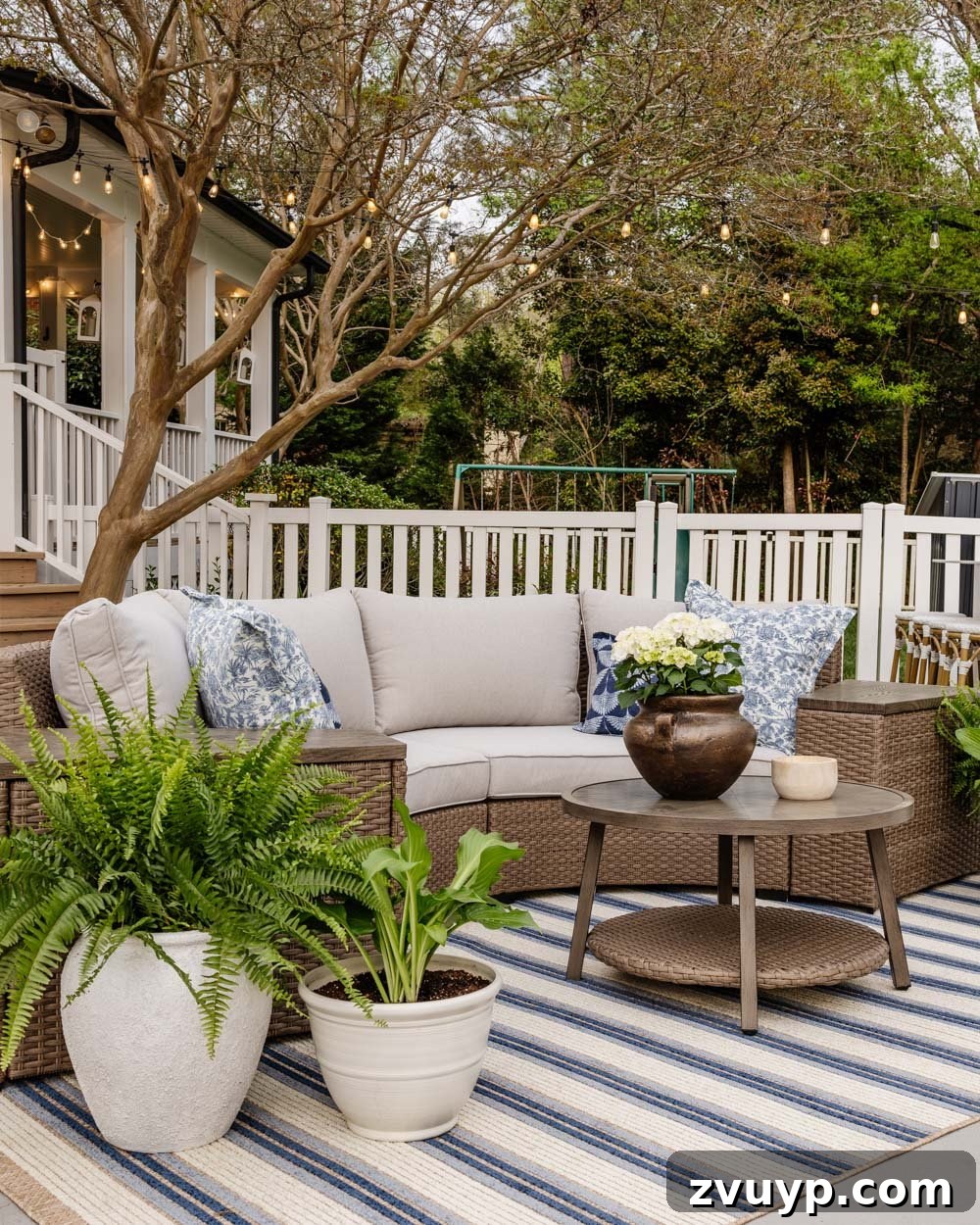 Affordable Outdoor Furniture Finds 6 curved outdoor furniture set with blue striped patio rug