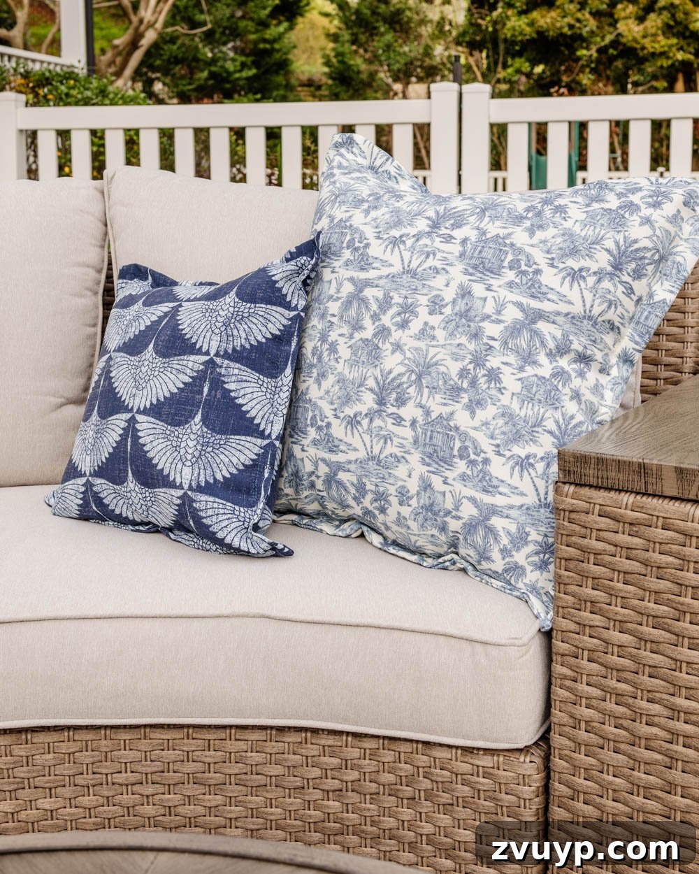 Affordable Outdoor Furniture Finds 7 tropical toile outdoor pillow