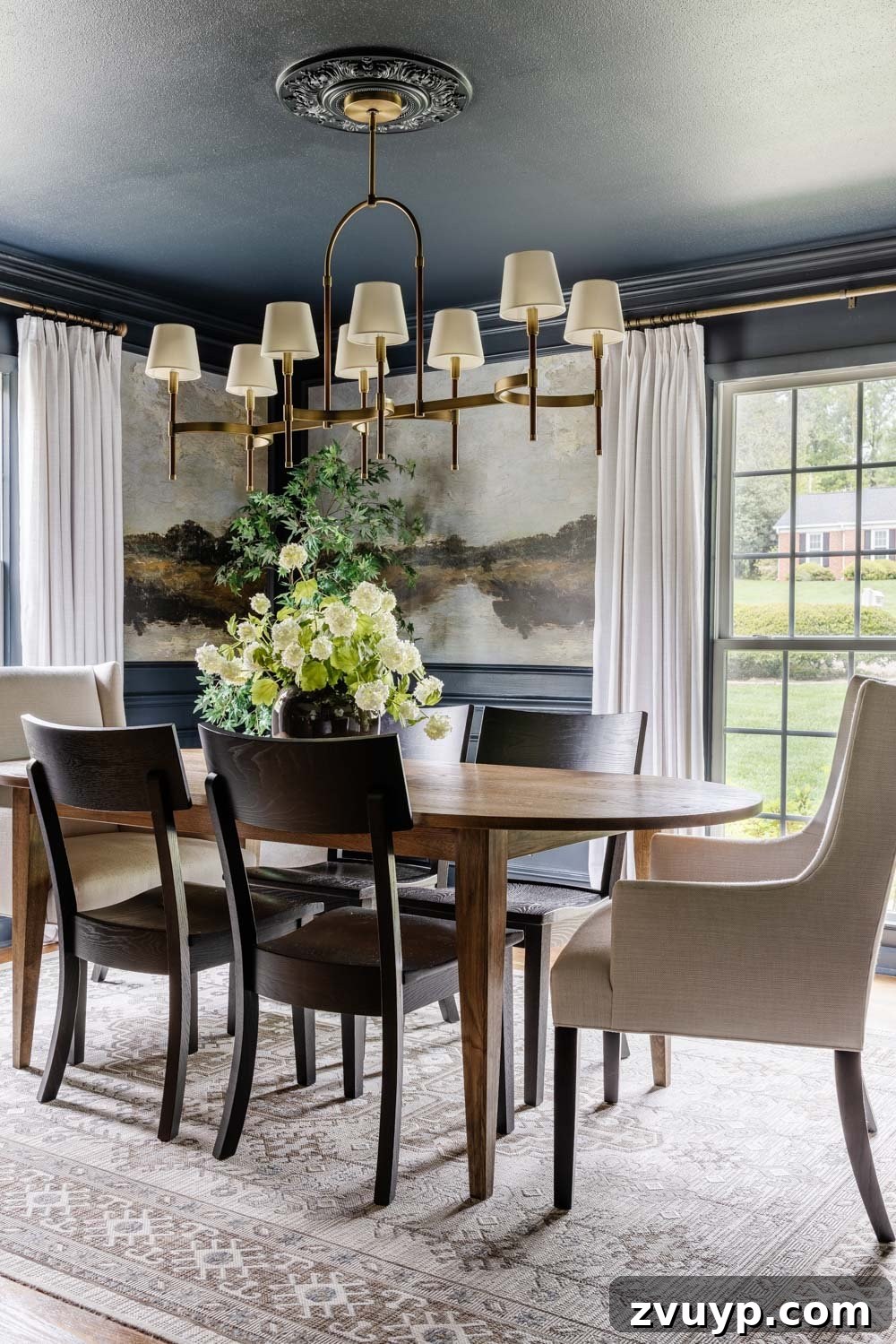 Color Drenching: Beyond the Hype, Into History 4 Elegant dining room fully color drenched in a rich navy blue paint, covering walls, trim, and ceiling, accented by a textured rug and modern furniture.