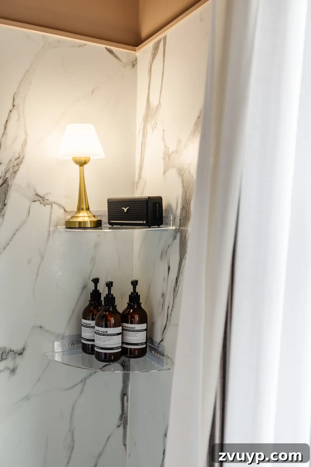 Elevate Your Shower Experience with These Trending Cozy Lights 5 waterproof lamp on shower shelf with bluetooth speaker for a cozy bathroom