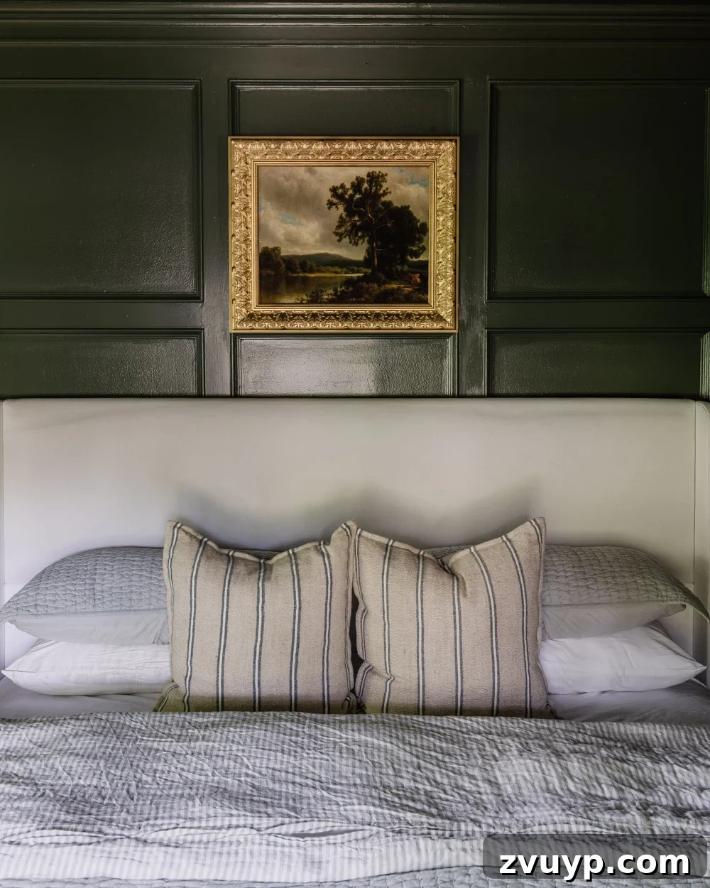 Your Bedroom Deserves the Soothing Embrace of Olive Green 4 Soft morning light in an olive green bedroom painted with Benjamin Moore Vintage Vogue