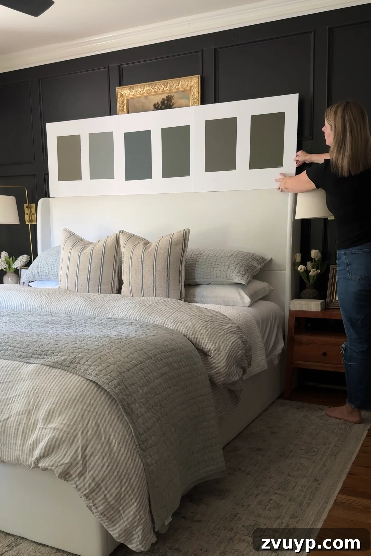 Your Bedroom Deserves the Soothing Embrace of Olive Green 5 Testing various olive green paint colors in a bedroom for the perfect shade