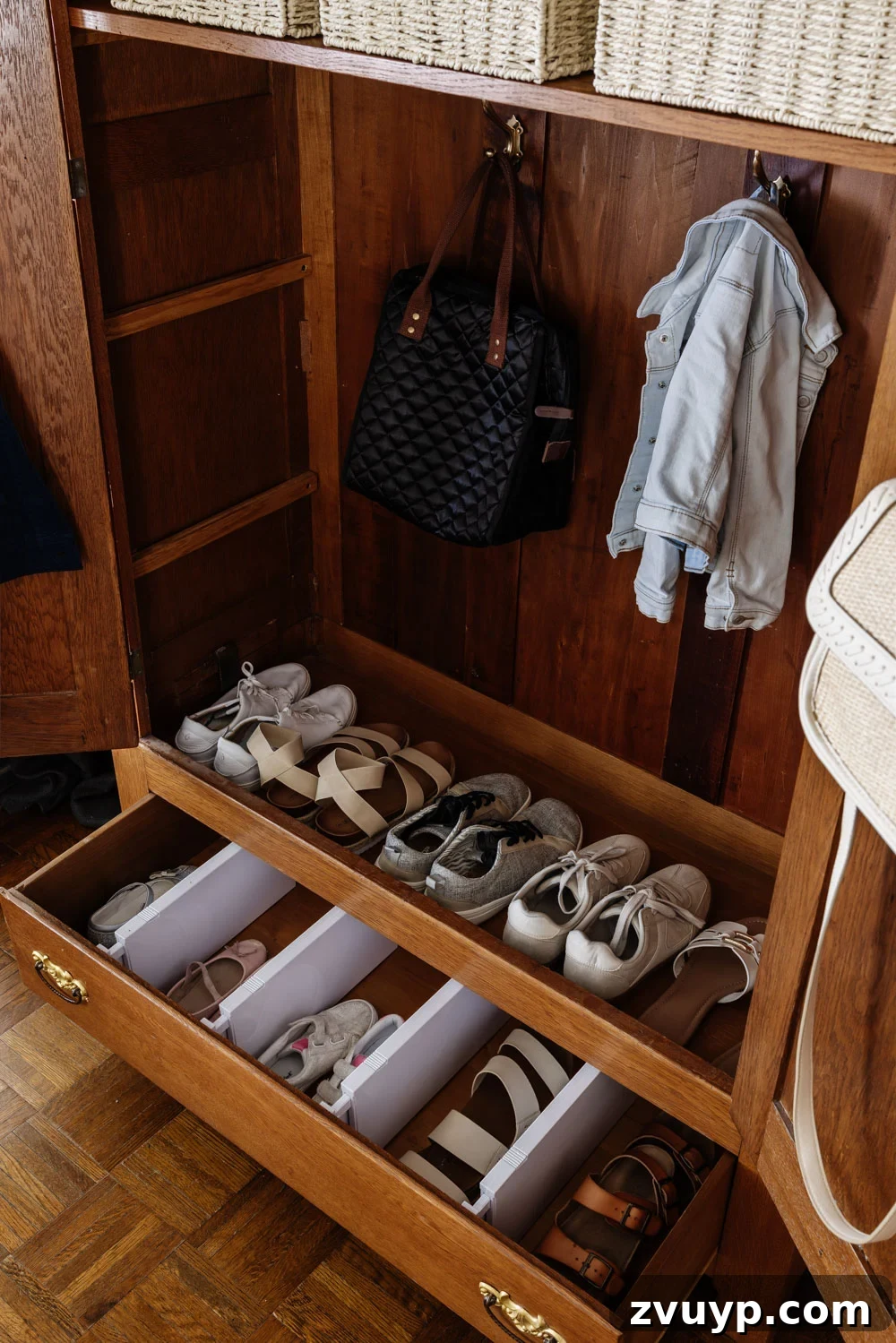 Entryway Storage Solved No Mudroom Needed 5 armoire coat closet in an entryway for storage without a mudroom