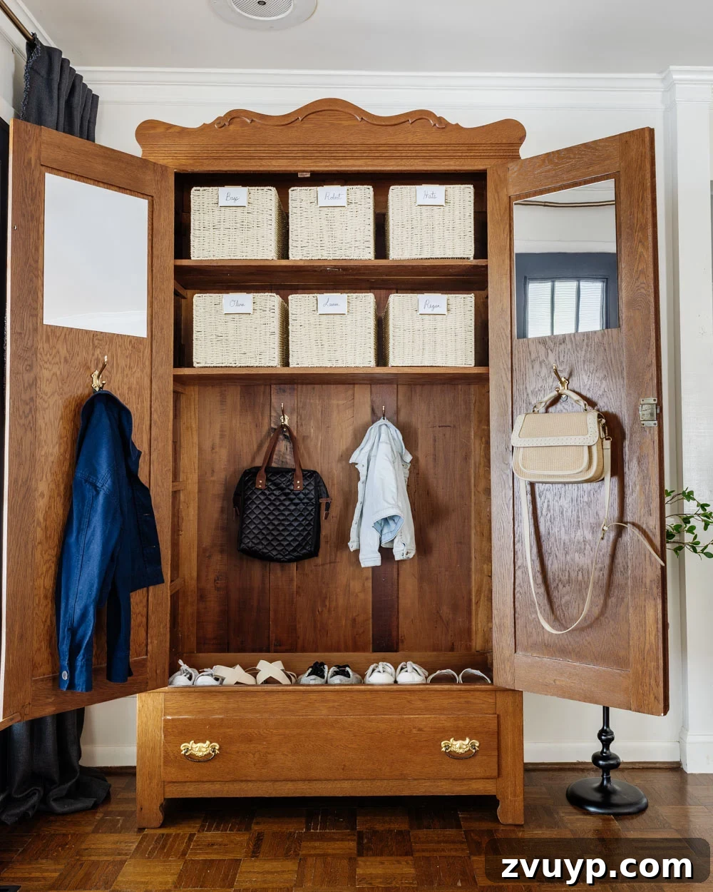 Entryway Storage Solved No Mudroom Needed 7 armoire coat closet in an entryway for storage without a mudroom