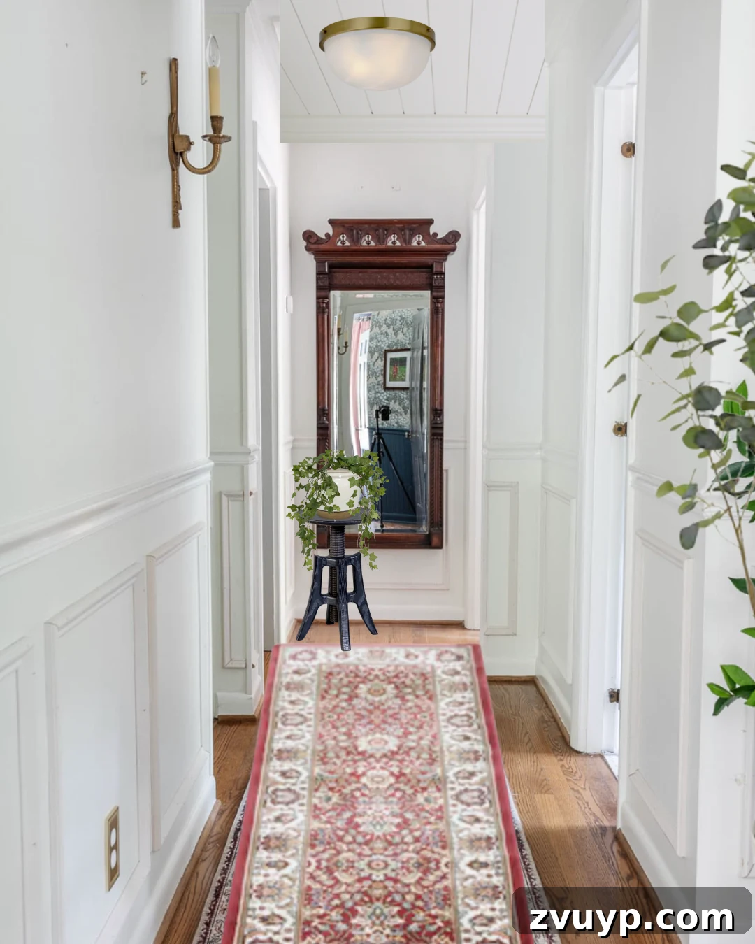 From Concept to Hallway Reality 4 Digital mood board visualizing a hallway makeover with tongue and groove ceiling and green wainscoting.