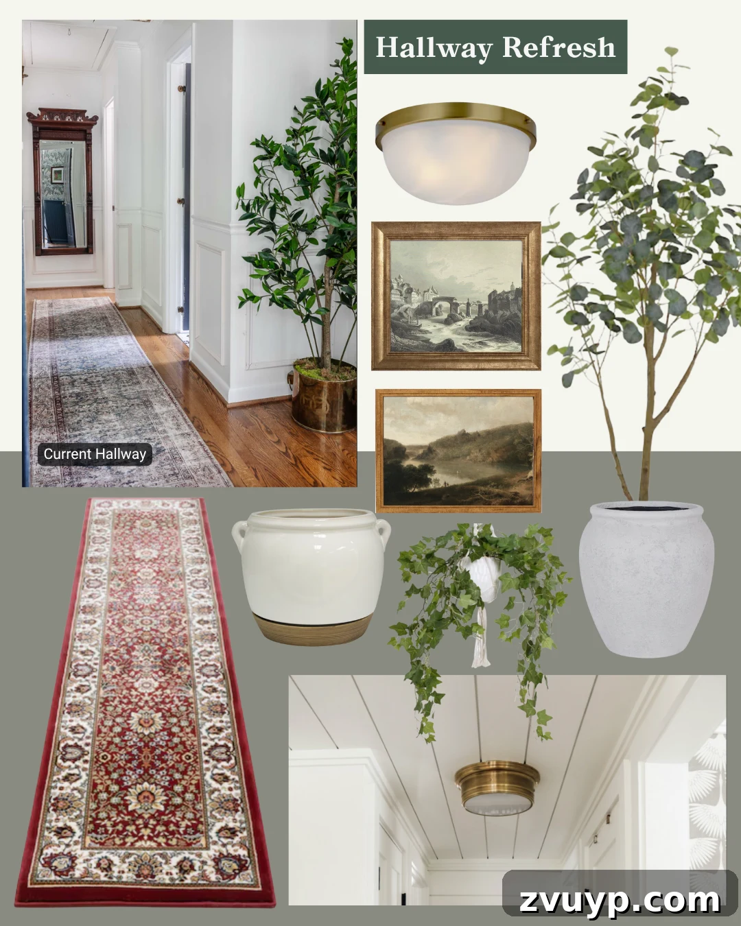From Concept to Hallway Reality 7 Detailed mood board for a hallway decor project, featuring paint swatches, rug samples, lighting, and art.