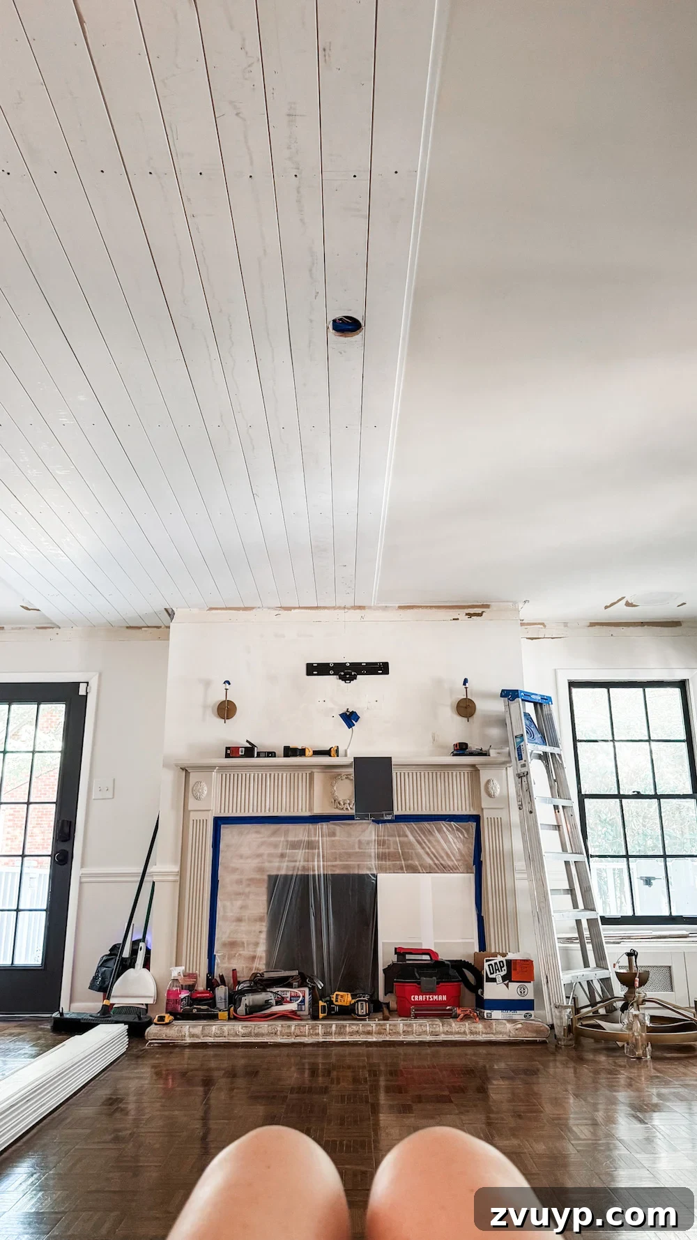 Transform Your Ceiling: Shiplap and Crown Molding Project 7 DIY shiplap ceiling planks installed