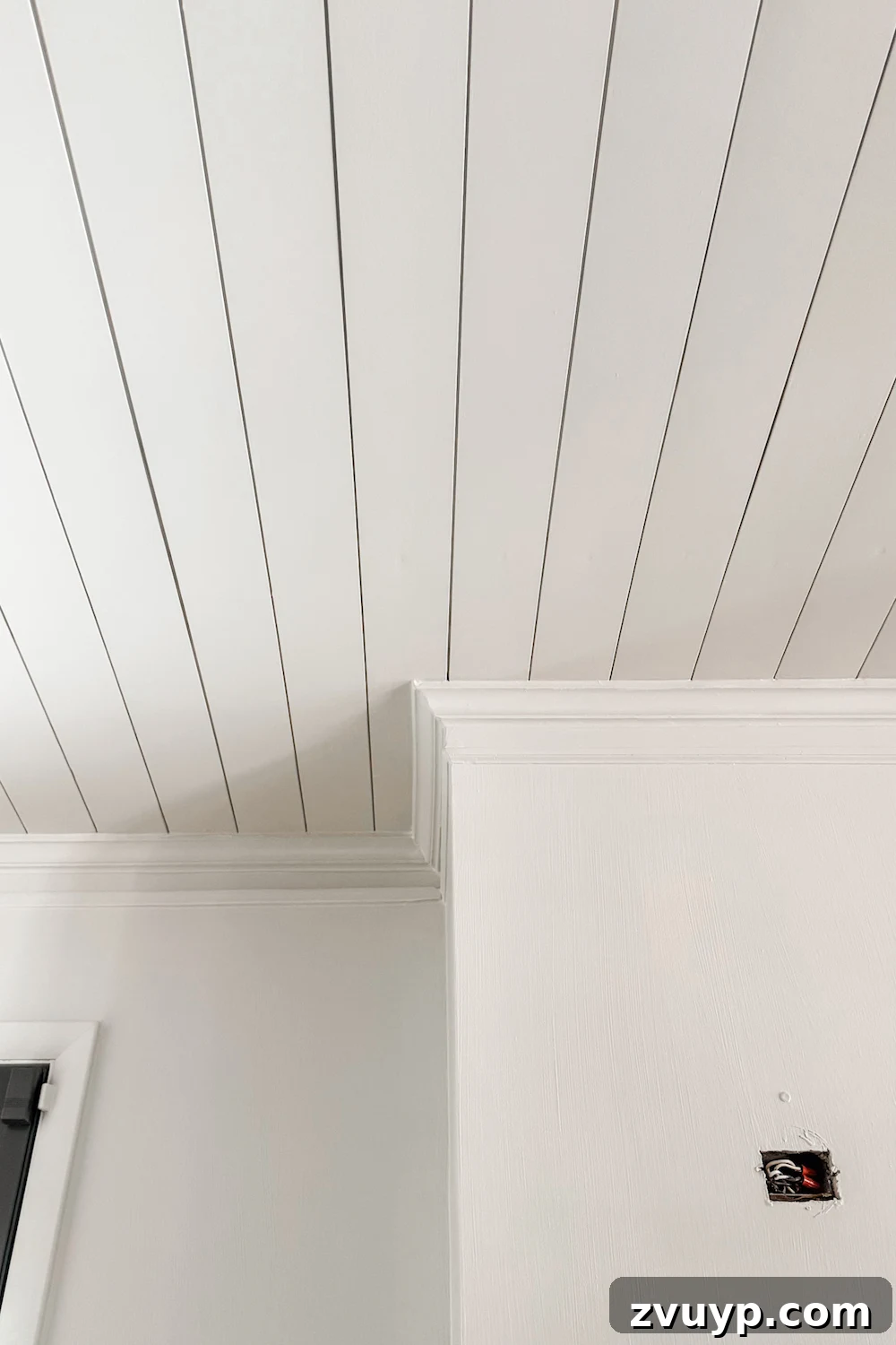 Transform Your Ceiling: Shiplap and Crown Molding Project 10 DIY shiplap ceiling with newly installed crown molding
