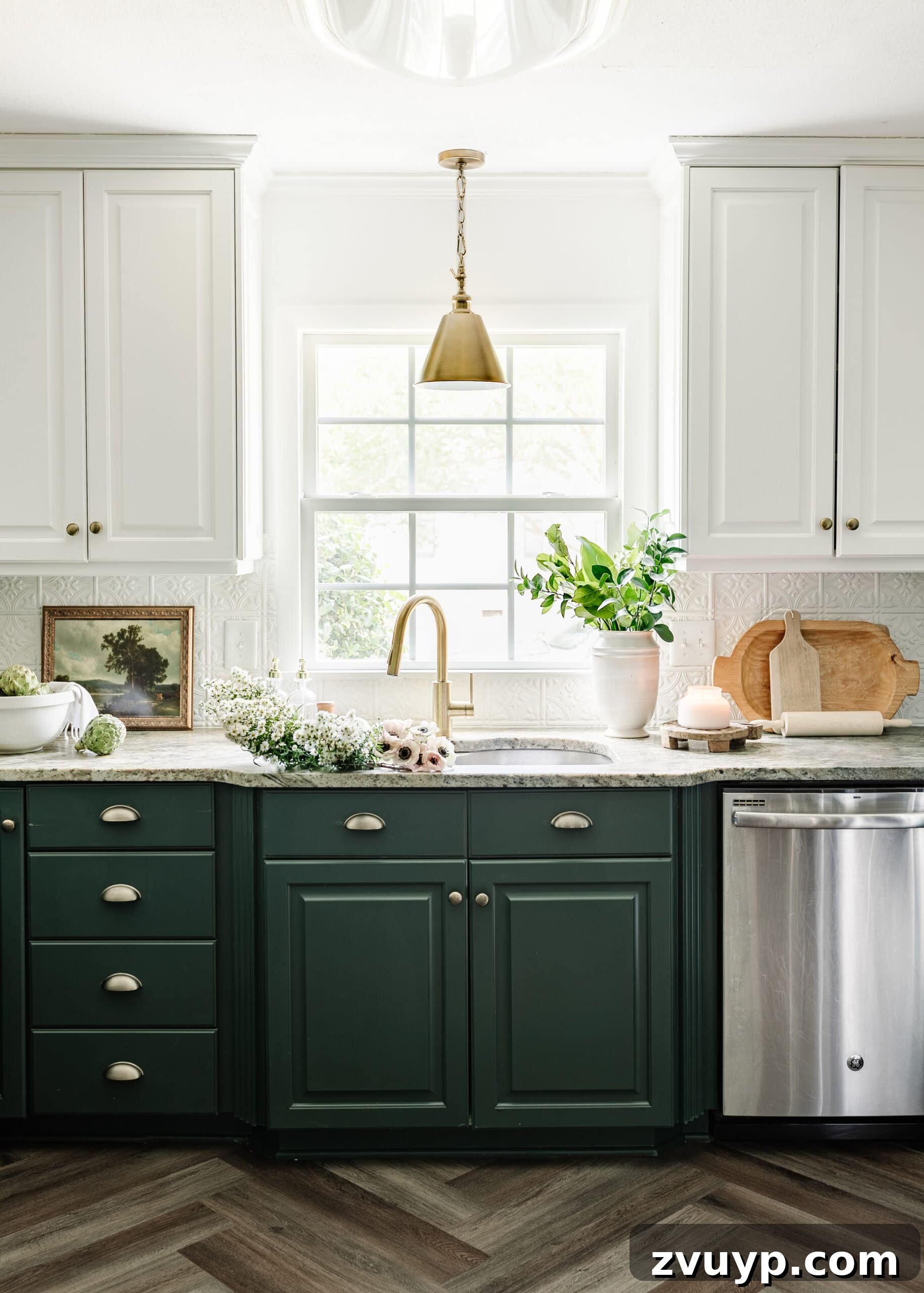 100+ Speedy Home Upgrades for Your Long Weekend Refresh 3 Modern kitchen with white upper cabinets and stylish green lower cabinets