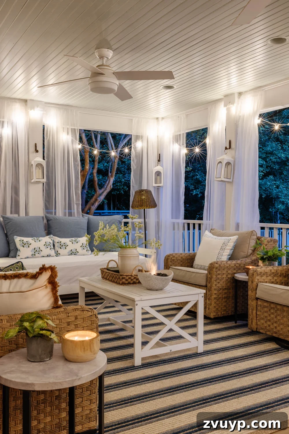 100+ Speedy Home Upgrades for Your Long Weekend Refresh 8 Cozy outdoor living room on a back porch with enchanting string lights