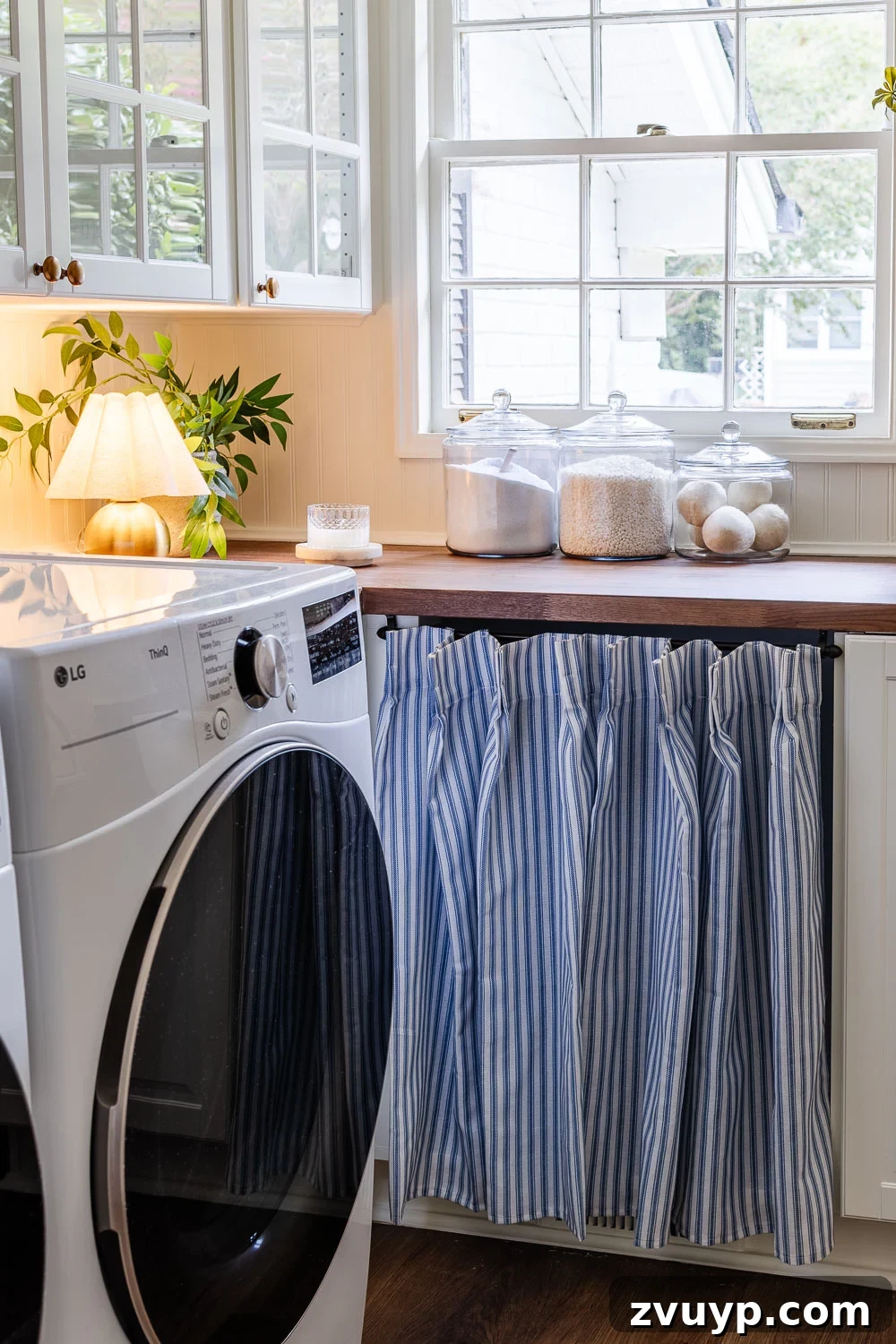 Narrow Laundry Room: Maximizing Every Inch 9 ticking stripe vintage cabinet skirt in laundry room