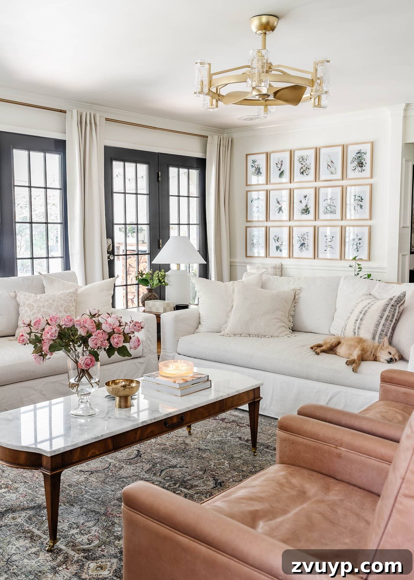 Eight Years Shaping Our Living Room 6 Pottery Barn York sofas in a transitional living room with traditional accents