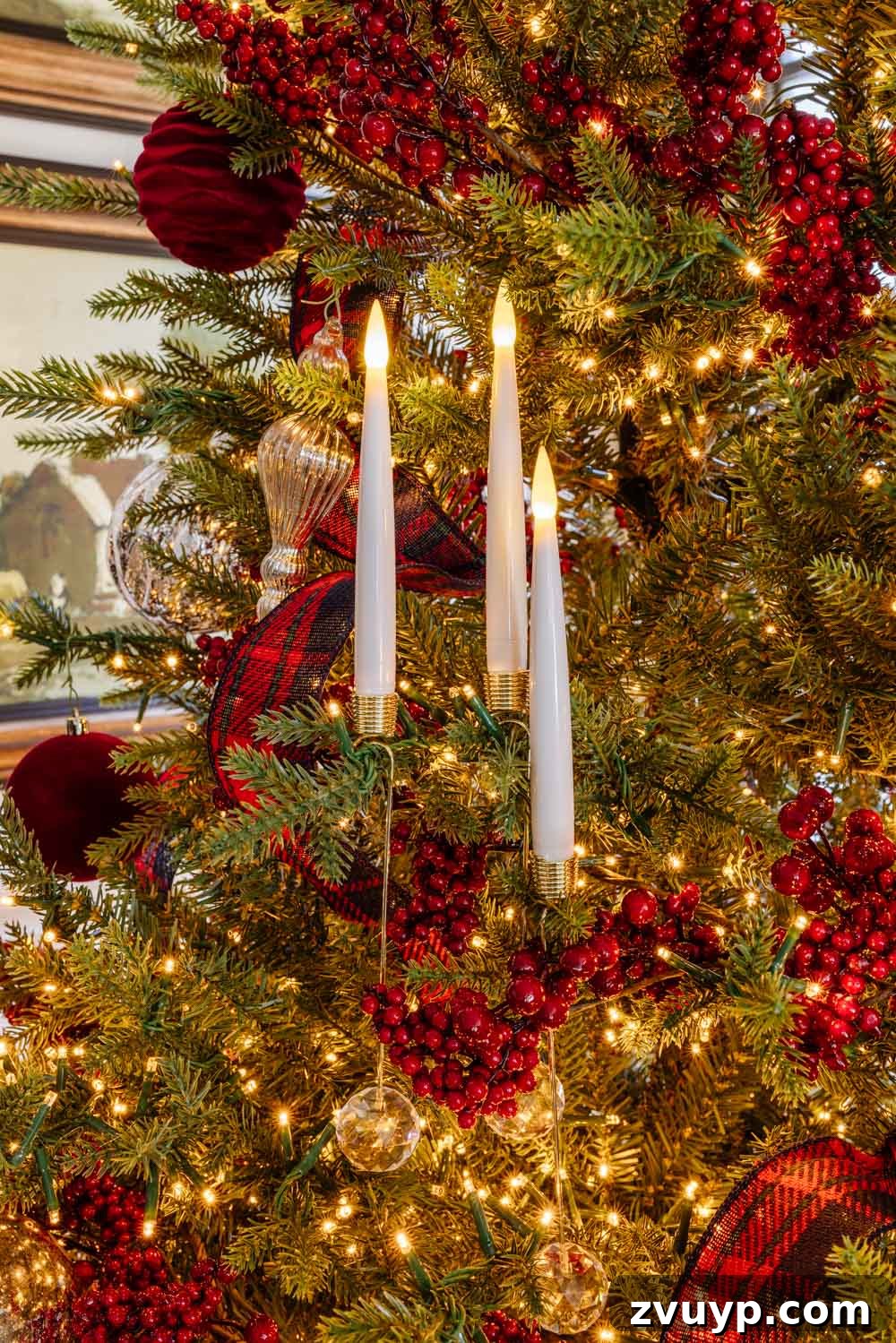 Achieving Ralph Lauren Christmas Elegance on a Dime 10 battery operated tree candles with crystal balls, close-up on a Christmas tree