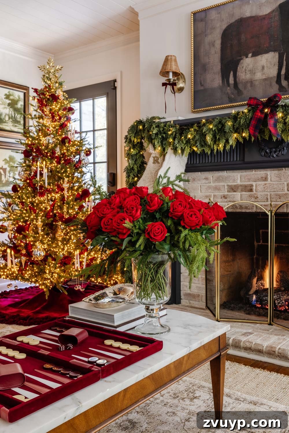 Achieving Ralph Lauren Christmas Elegance on a Dime 14 Ralph Lauren Christmas decorating ideas on a budget - coffee table decor with books, red velvet backgammon board, and roses