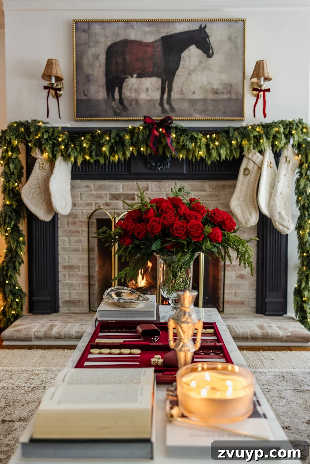 Achieving Ralph Lauren Christmas Elegance on a Dime 2 Ralph Lauren Christmas decorating ideas on a budget - red velvet backgammon board on a coffee table with a vase of red roses and silver accents