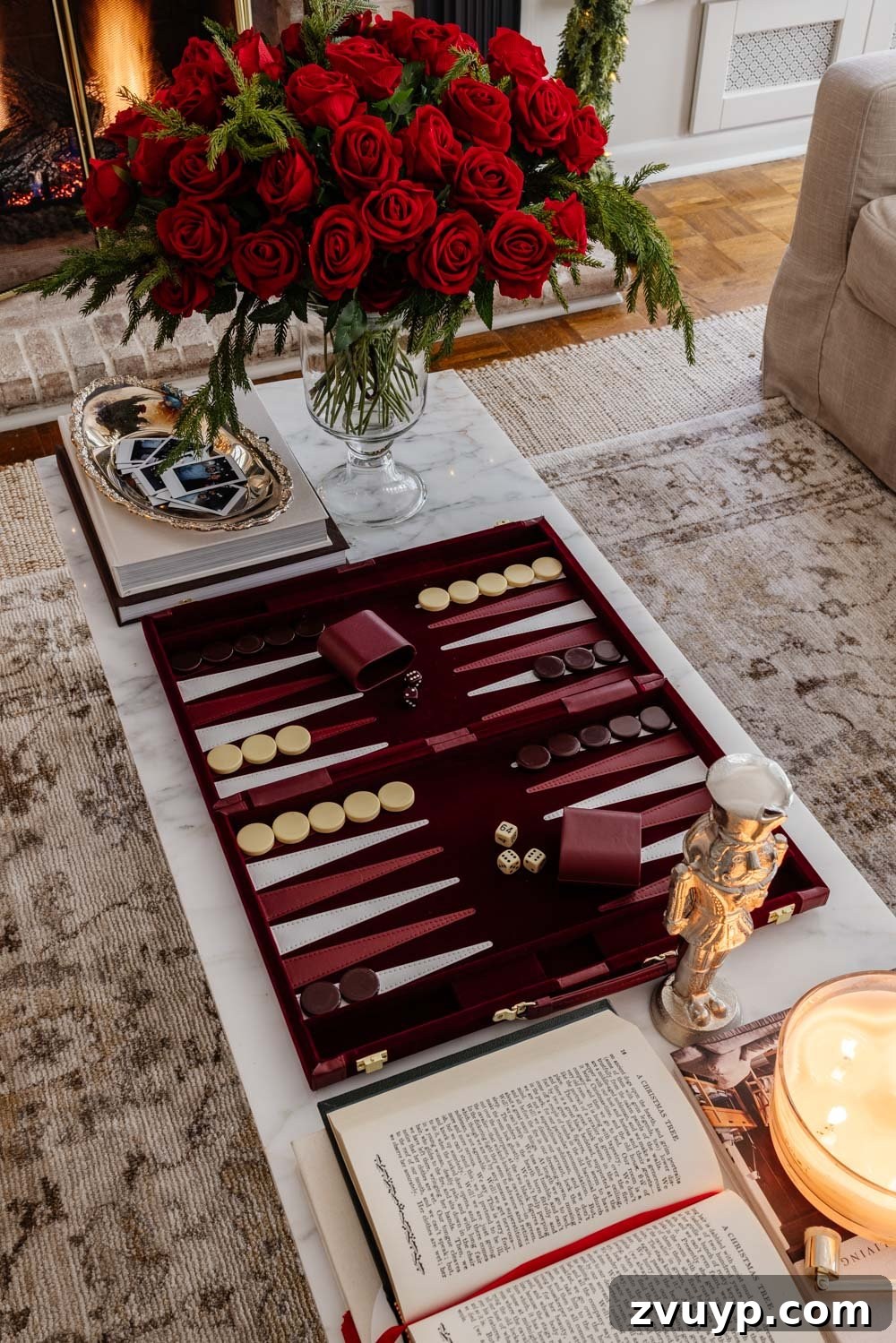 Achieving Ralph Lauren Christmas Elegance on a Dime 6 Ralph Lauren Christmas decorating ideas on a budget - burgundy velvet backgammon board coffee table decor with red roses