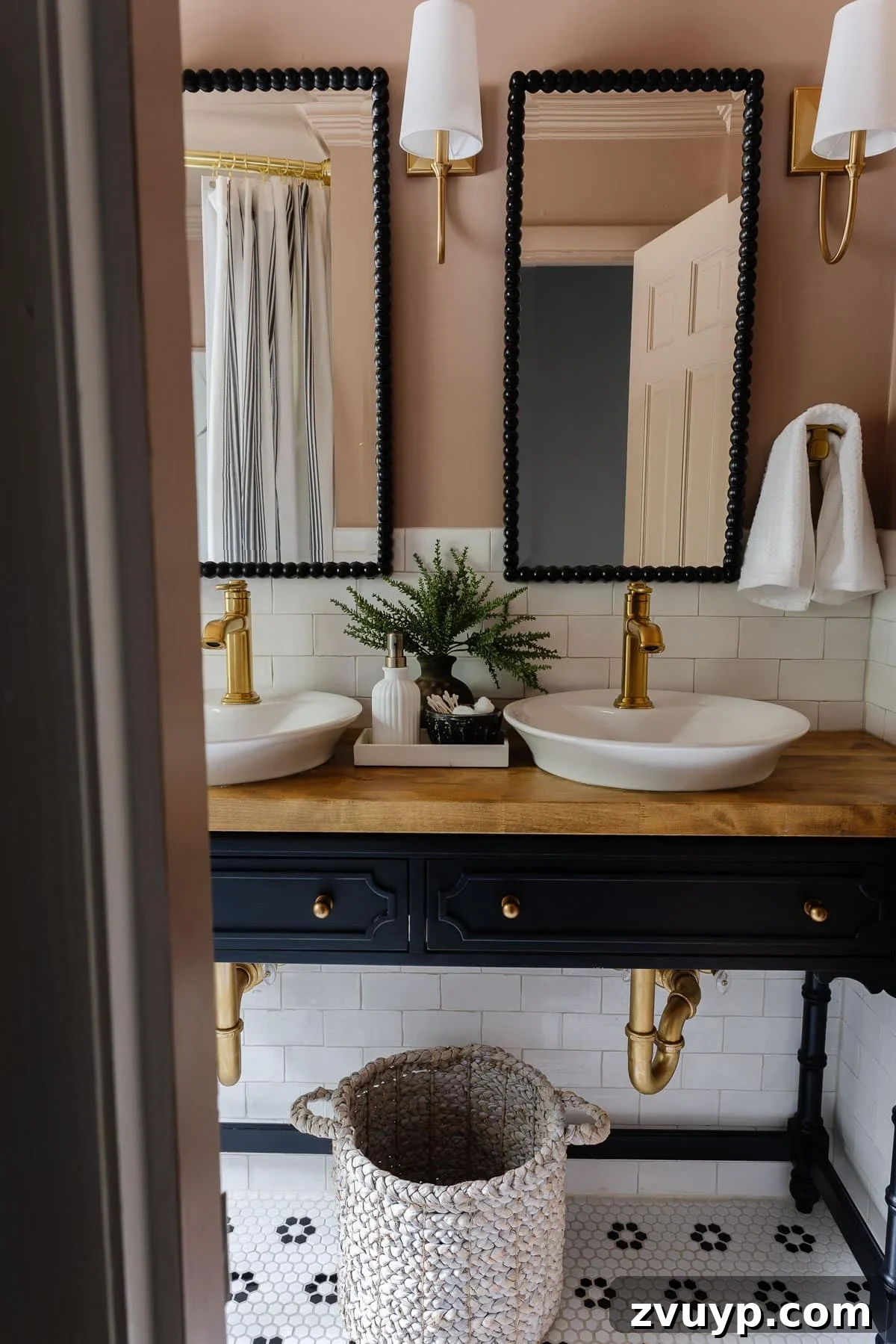 Transform Your Guest Bathroom: Amenities for Ultimate Visitor Comfort 2 console table bathroom vanity with vessel sinks and gold pipes
