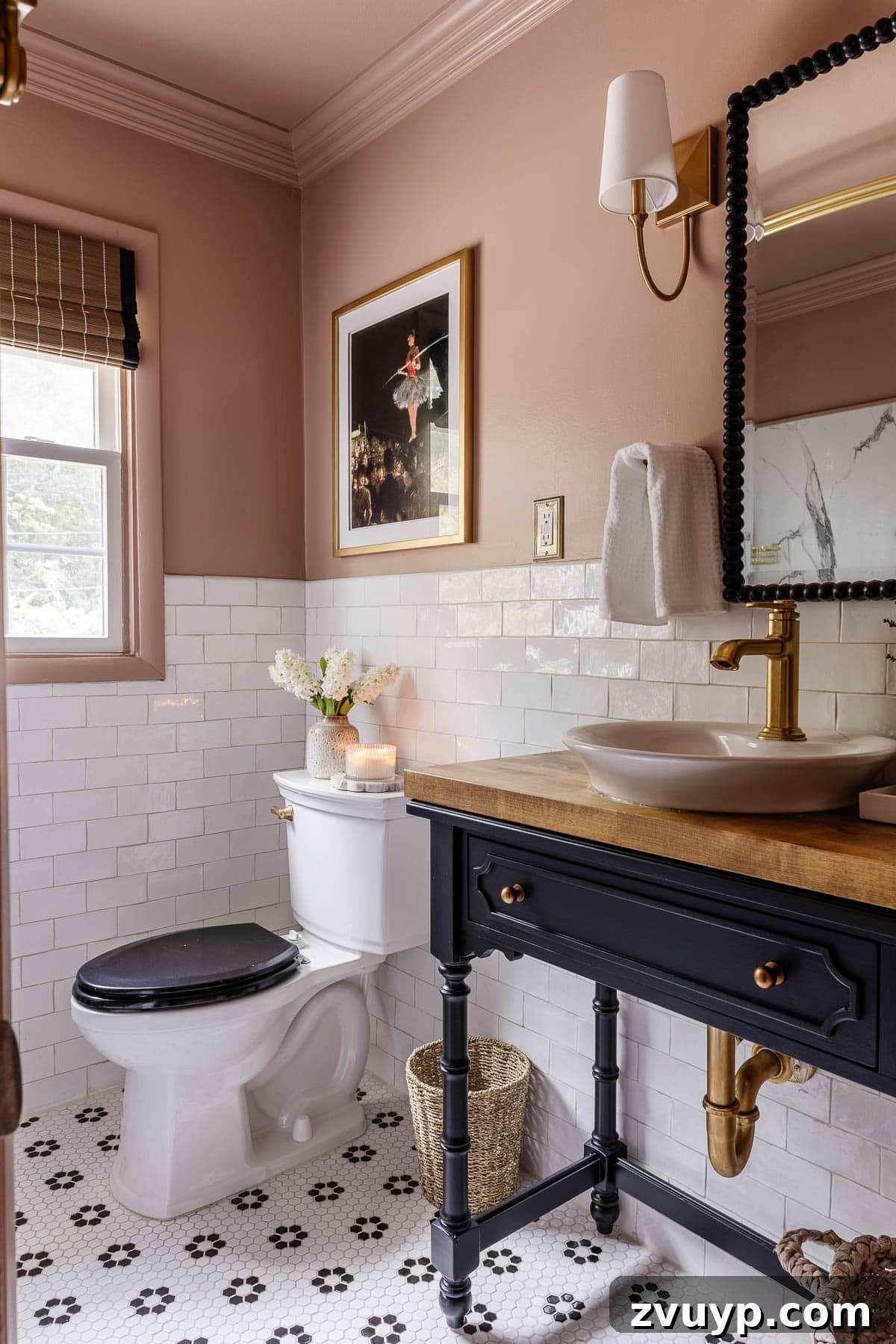 Transform Your Guest Bathroom: Amenities for Ultimate Visitor Comfort 14 Behr Postmodern Mauve bathroom with flower hex tile floor and black and white bathroom decor