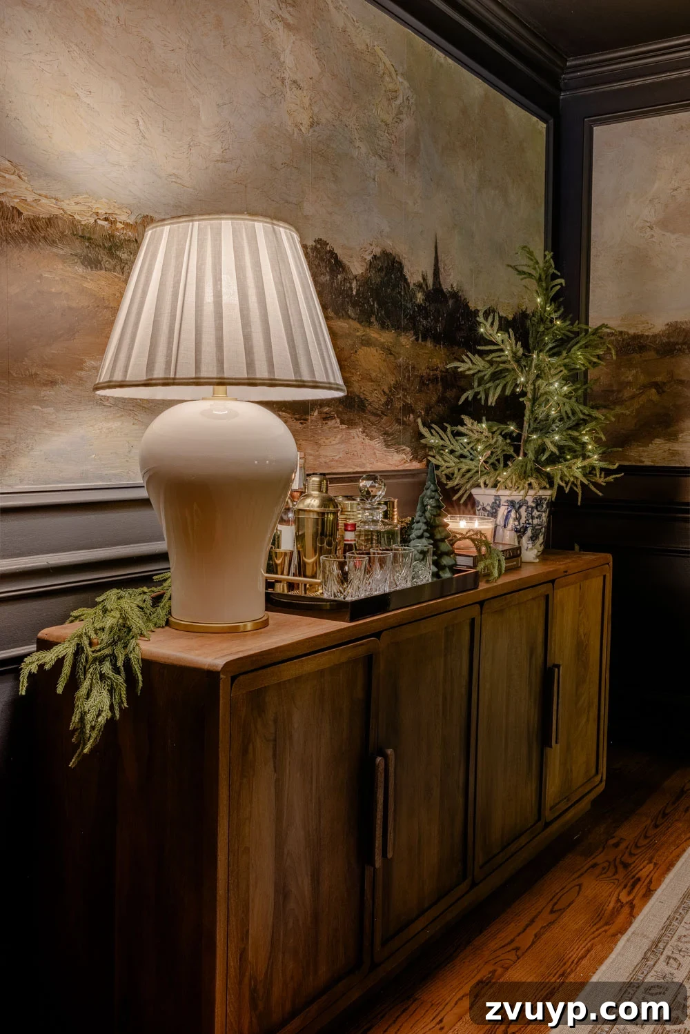 Enchanted Yuletide Candlelight Stroll 2025 13 Modern traditional Christmas decor in a cozy dining room at night