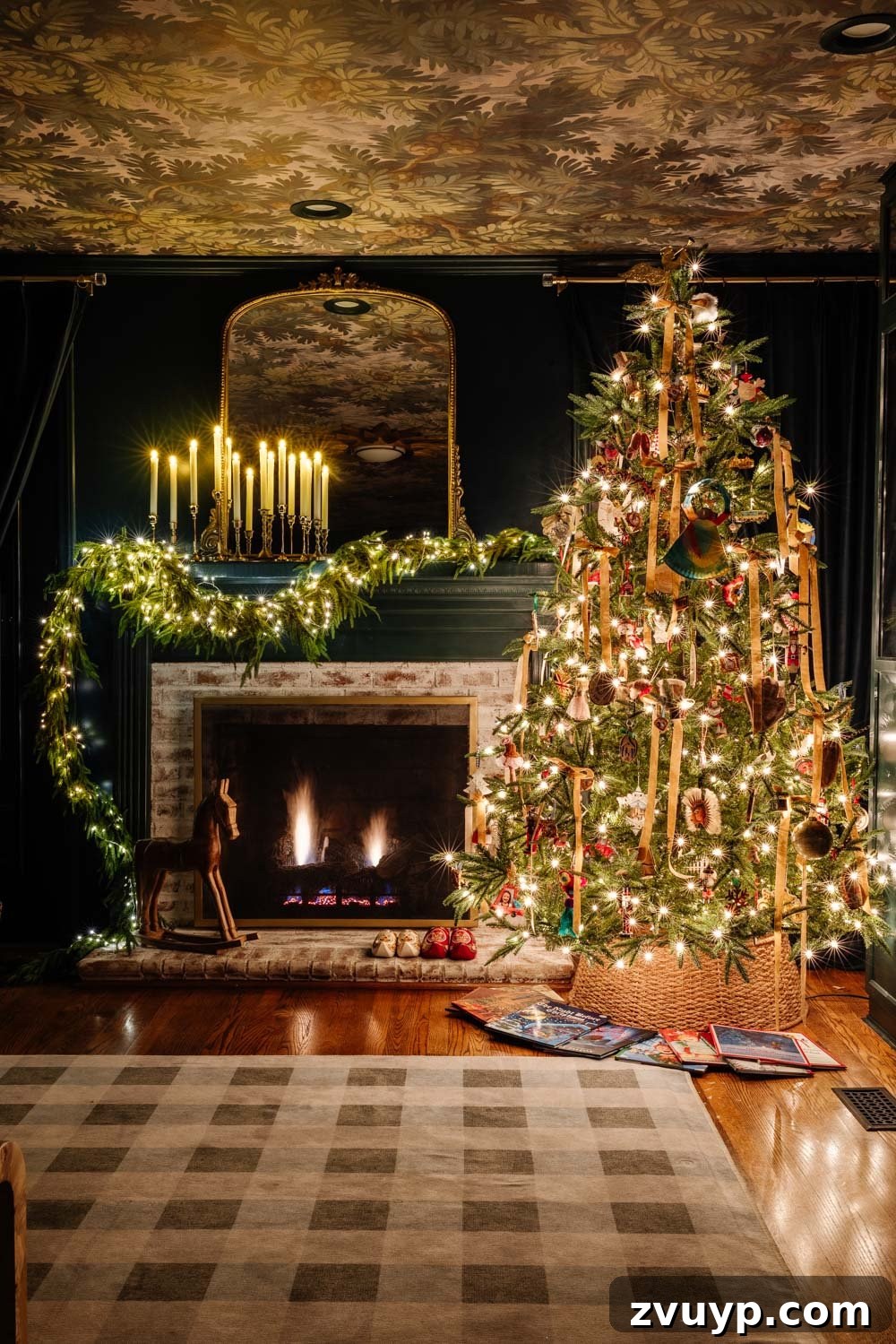 Enchanted Yuletide Candlelight Stroll 2025 16 Cozy modern traditional media room with Christmas decorations and a glowing tree
