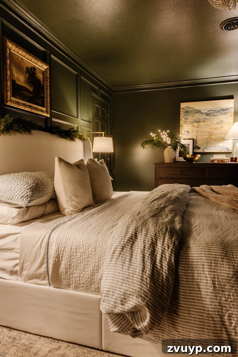 Enchanted Yuletide Candlelight Stroll 2025 23 Primary bedroom adorned with simple Christmas garland and warm lighting
