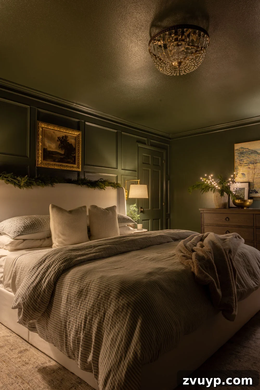 Enchanted Yuletide Candlelight Stroll 2025 25 Peaceful primary bedroom with understated Christmas lights and decor