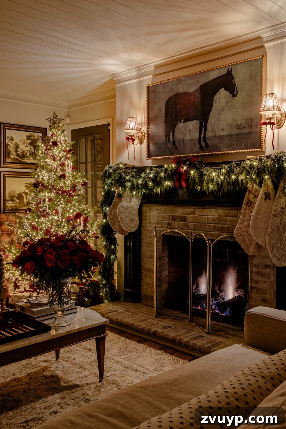 Enchanted Yuletide Candlelight Stroll 2025 26 Living room with navy mantel and cozy Christmas lights