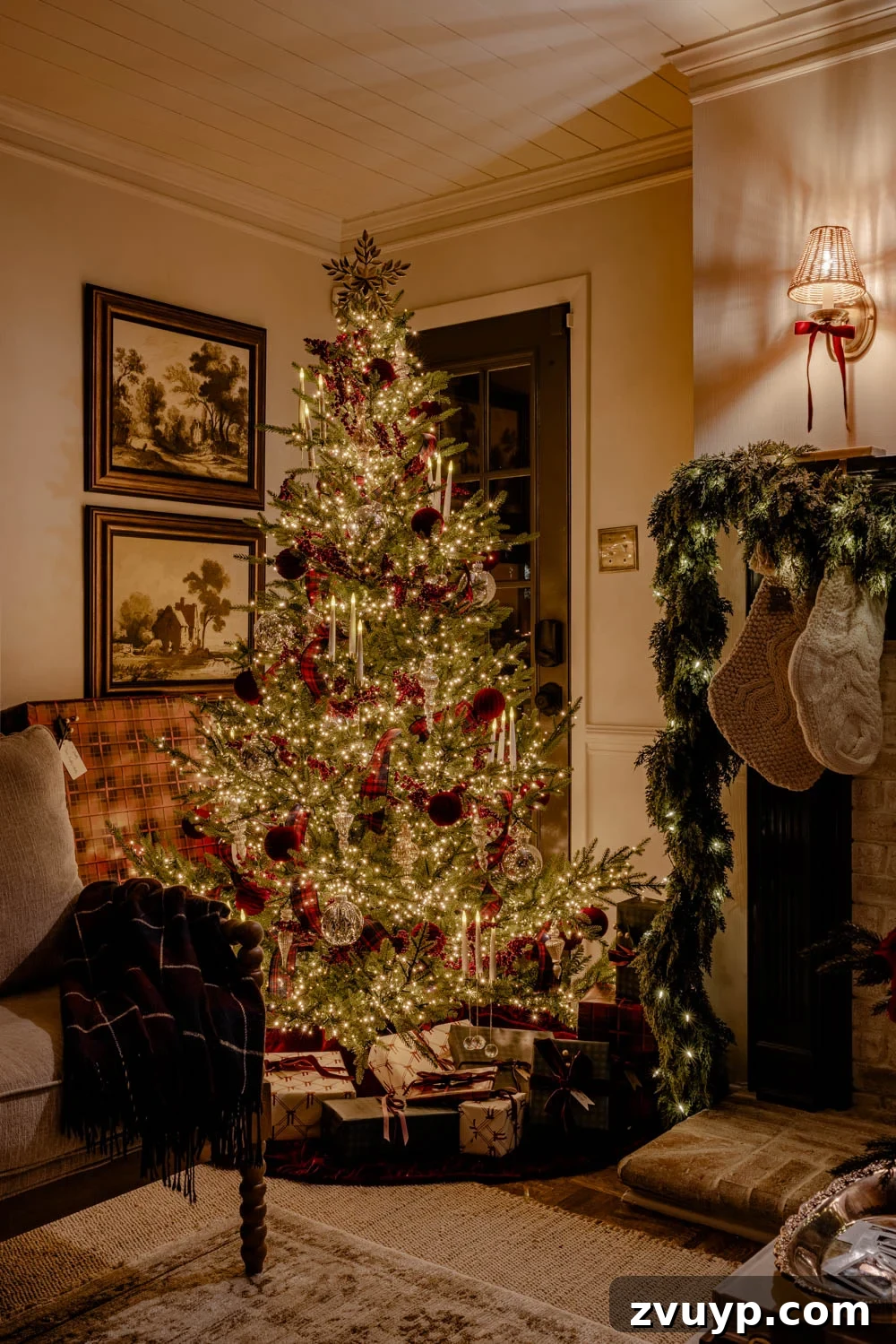 Enchanted Yuletide Candlelight Stroll 2025 27 Modern traditional living room decorated for Christmas at night