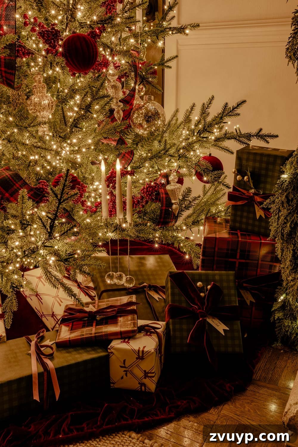 Enchanted Yuletide Candlelight Stroll 2025 30 Living room with fireplace and elegant Christmas decorations at night
