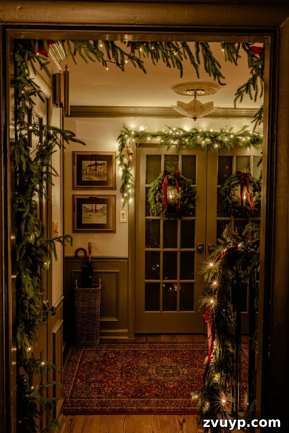 Enchanted Yuletide Candlelight Stroll 2025 4 How to hang doorway garland inside with no damage for Christmas, showing a beautifully lit entryway