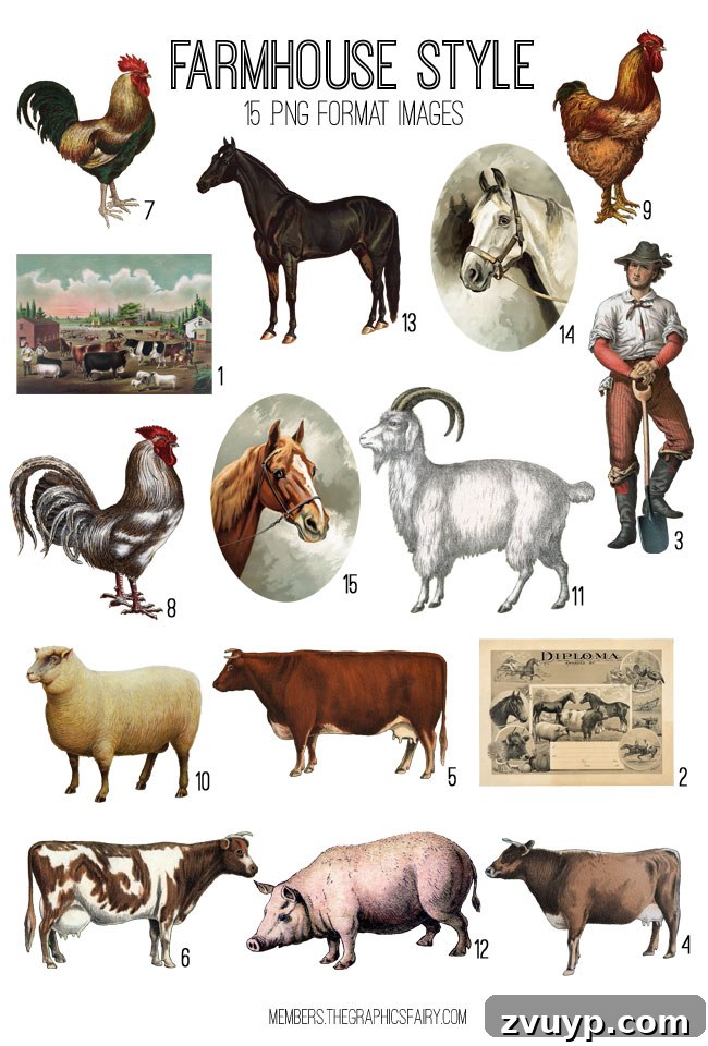 Detailed vintage farmhouse image collage, featuring antique tools, rustic scenes, various farm animals, and charming rural elements, illustrating the depth of the collection.