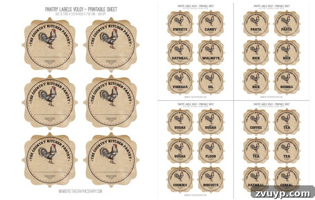 Graphics Fairy Premium Farmhouse Style Graphics Collection 5 Printable sheet displaying a variety of vintage farm-themed labels with intricate designs and beautiful typography, ready for customization and printing for pantry or craft organization.
